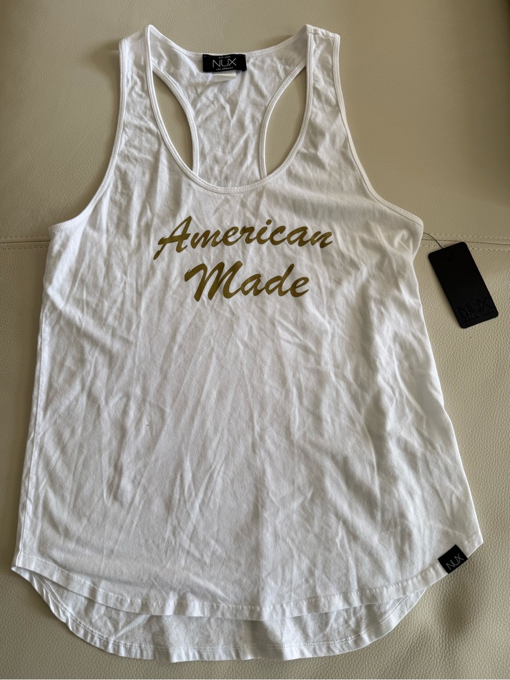 NUX White Tank Top with Gold 'American Made' Script NWT